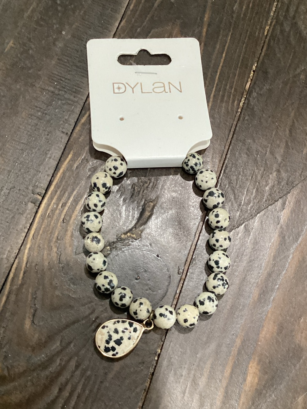 dylan Dalmatian Spot Bead Bracelet in Ivory and‎ Black with Teardrop Charm